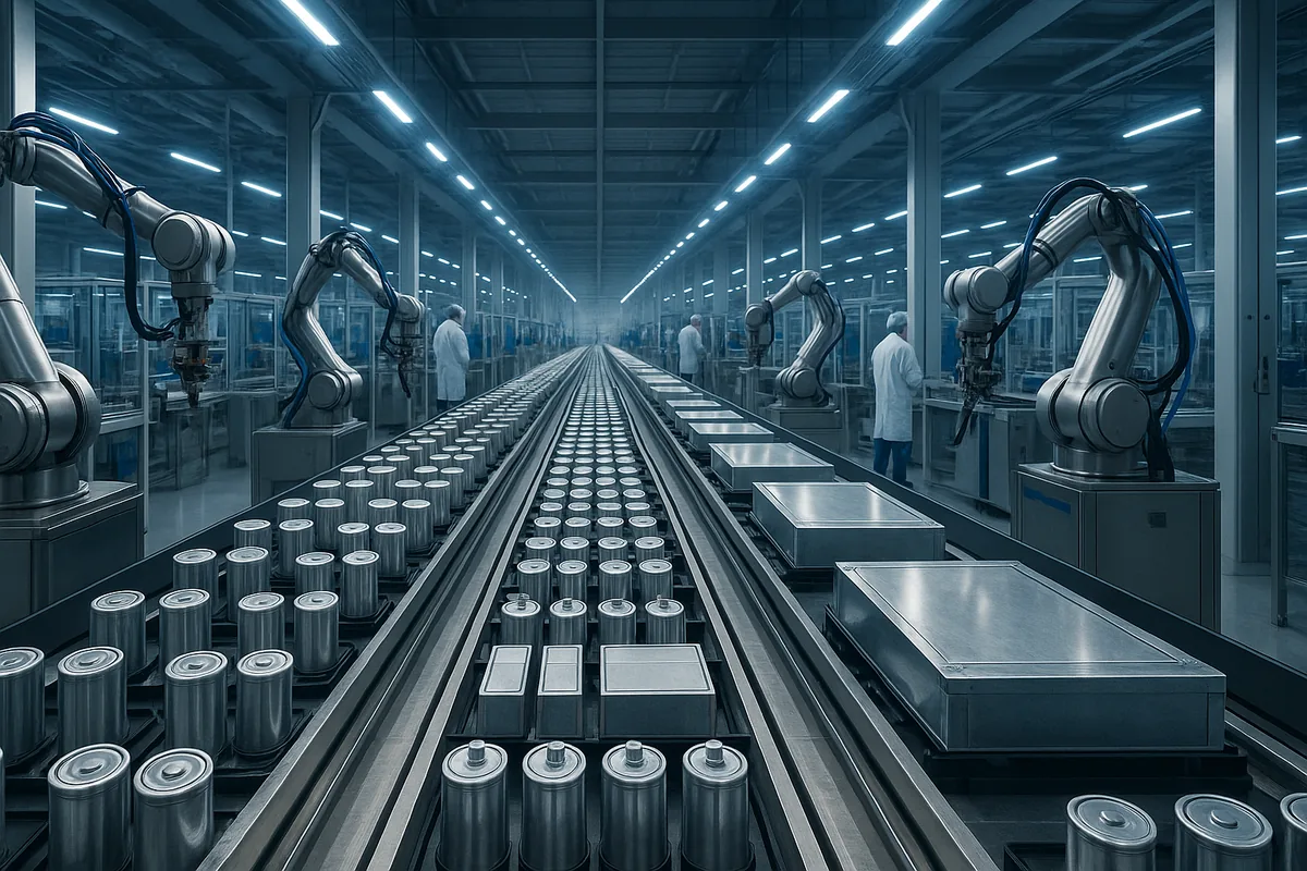 Ligne d'assemblage de cellules de batteries lithium-ion dans une gigafactory automobile en France