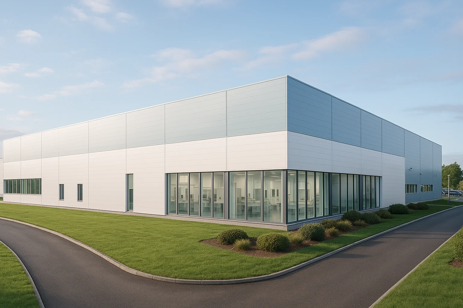 Vue exterieure d une usine pharmaceutique moderne en region Nouvelle-Aquitaine